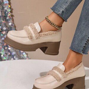 Beige High Plush Elegant Women's Pumps with Thick Heels